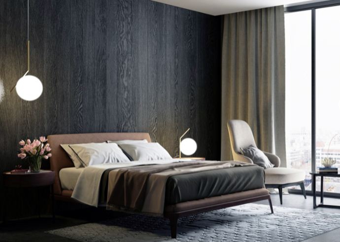 soveværelse med sengetæppe og gardin i sorte grå og brune nuancer